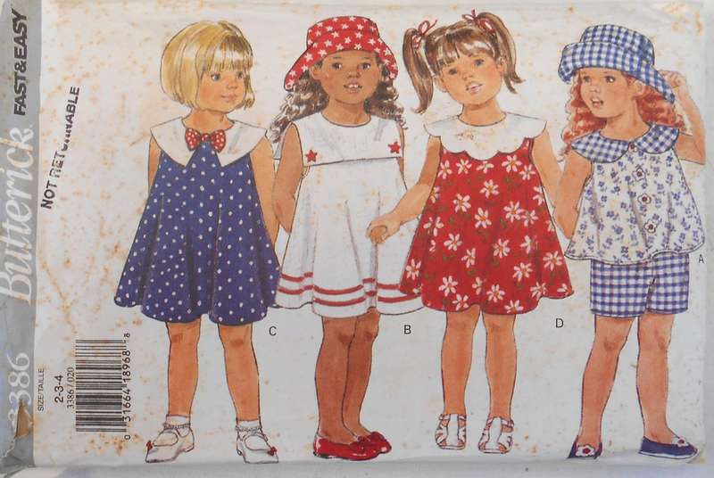 BUTTERICK 3386 GIRLS DRESS-TOP-SHIRT-HAT SIZE 2-3-4 YEARS COMPLETE-CUT TO 4 YEARS