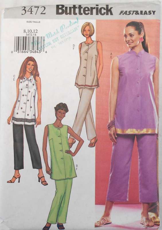 BUTTERICK 3472 TOP-TUNIC-PANTS SIZE 8-10-12 COMPLETE-PART CUT TO 12