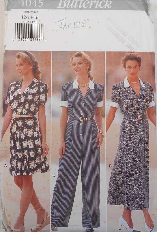 BUTTERICK 4045 FRONT BUTTON DRESS OR JUMPSUIT SIZE 12-14-16 COMPLETE-UNCUT-F/FOLDED