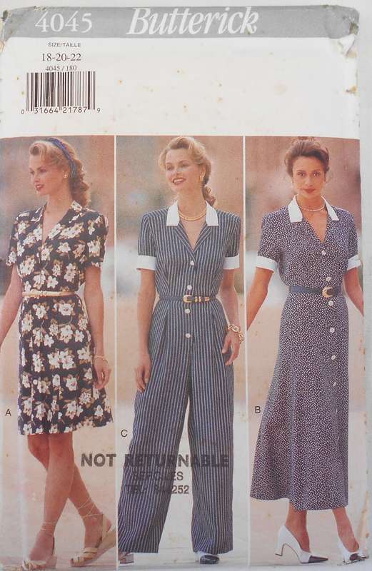 BUTTERICK 4045 FRONT BUTTON DRESS OR JUMPSUIT SIZE 18-20-22 COMPLETE-UNCUT-F/FOLDED
