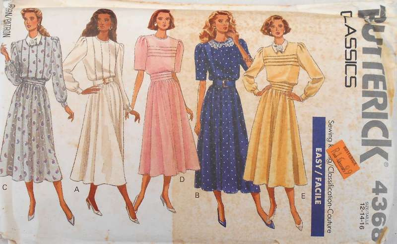 BUTTERICK 4368 DRESS WITH JEWELL NECKLINE OR CONTRAST COLLAR SIZE 12-14-16 COMPLETE-UNCUT-F/FOLDED