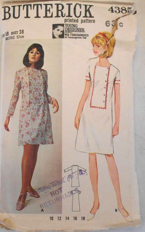 VINTAGE BUTTERICK 4385 ONE PIECE DRESS SIZE 18 BUST 38 COMPLETE
