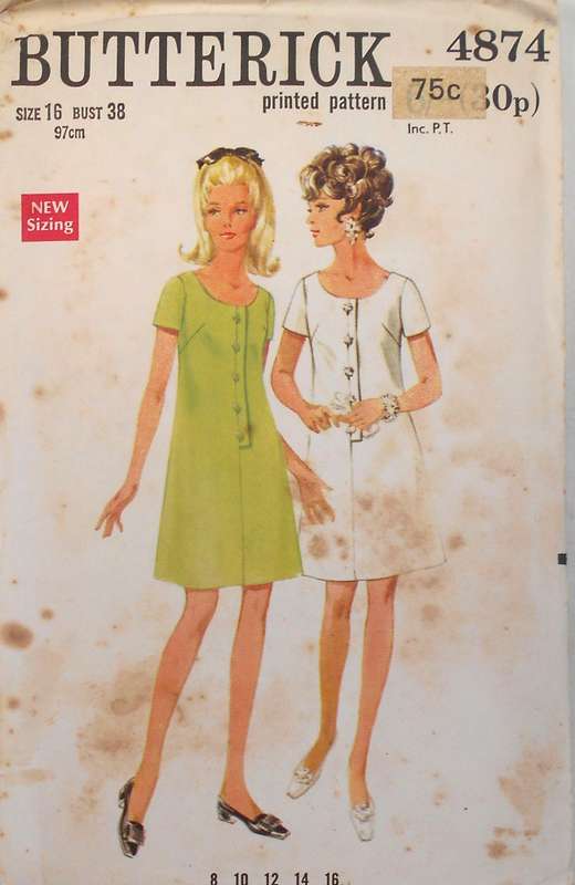VINTAGE BUTTERICK 4874 ONE PIECE DRESS SIZE 16 BUST 38" COMPLETE-UNCUT-F/FOLDED