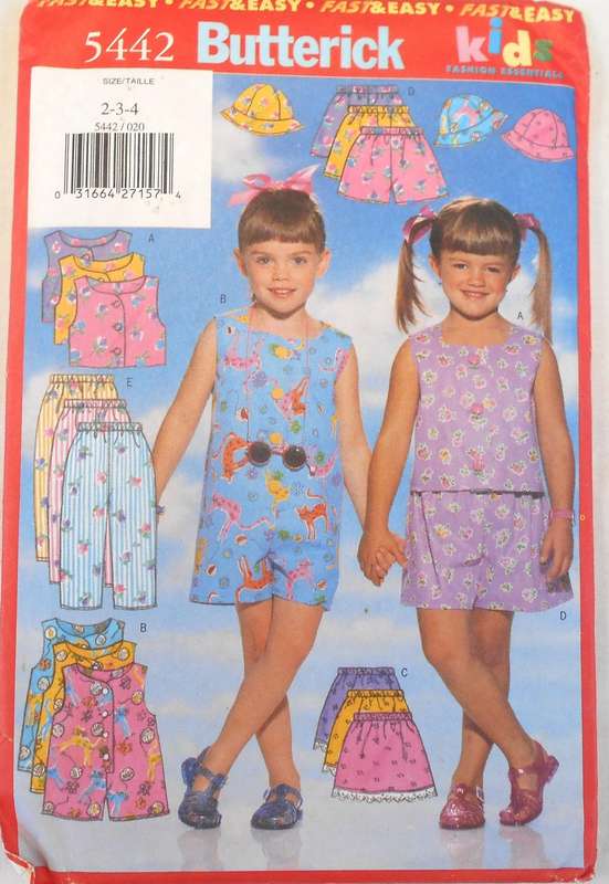 BUTTERICK 5442 KIDS ROMPER-SKIRT-SHORTS-PANTS-HAT SIZE 2-3-4 YEARS COMPLETE-UNCUT-F/FOLDED