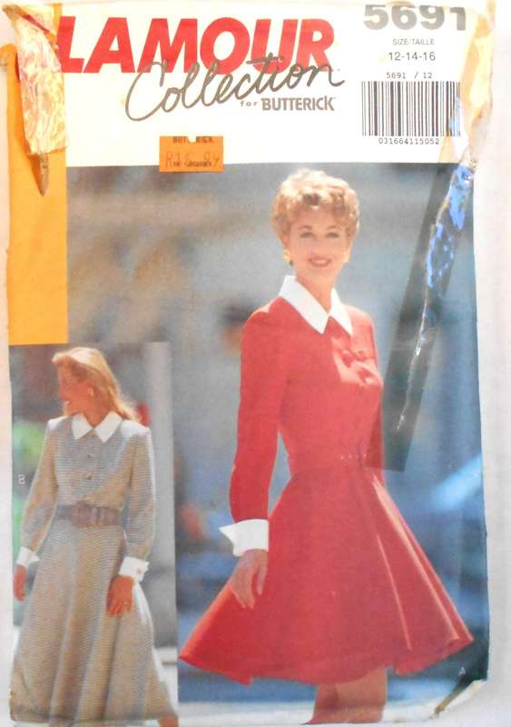 BUTTERICK 5691 DRESS WITH FRONT BODICE BUTTONS+CONTRAST COLLAR SIZE 12-14-16 COMPLETE-CUT TO 16-ZIPL