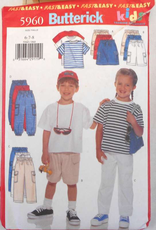 BUTTERICK 5960 KIDS T-SHIRT-SKIRT-SHORTS-PANTS SIZE 6-7-8 YEARS -SHORTS  VIEW B NOT SUPPLIED & FLAP