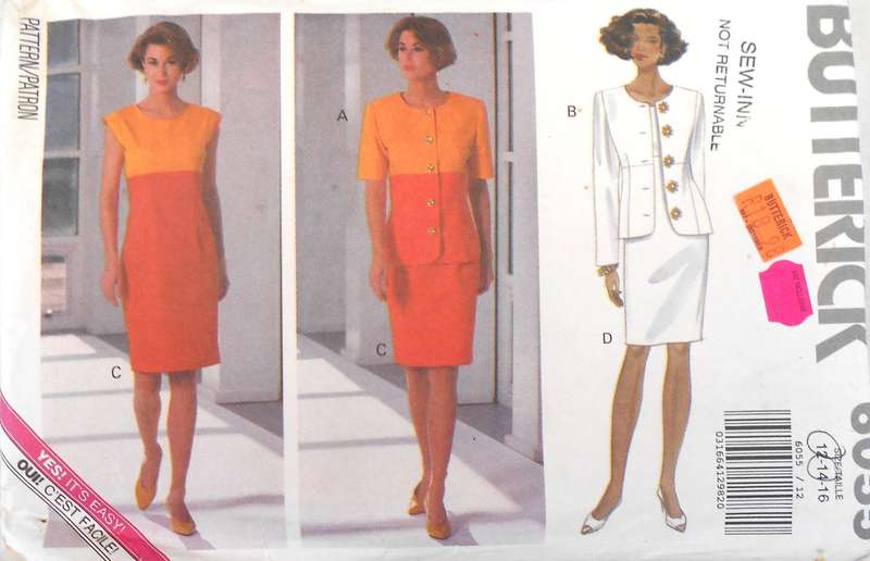 BUTTERICK 6055 DRESS & JACKET SIZE 12-14-16 COMPLETE CUT TO 16