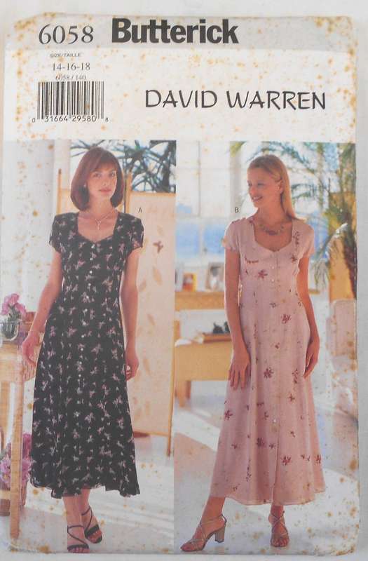 BUTTERICK 6058 HIGH BODICE FRONT BUTTON DRESS SIZE 14-16-18 COMPLETE-UNCUT-F/FOLDED
