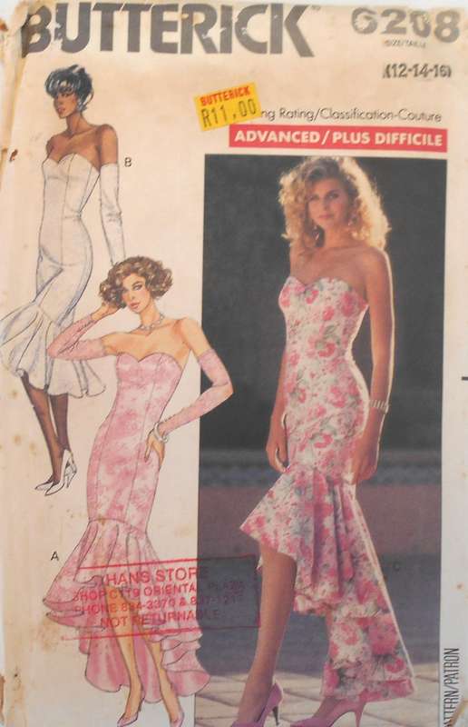 BUTTERICK 6208 CLOSE FITTING LINED EVENING DRESS SIZE 12-14-16 COMPLETE-UNCUT-F/FOLDED