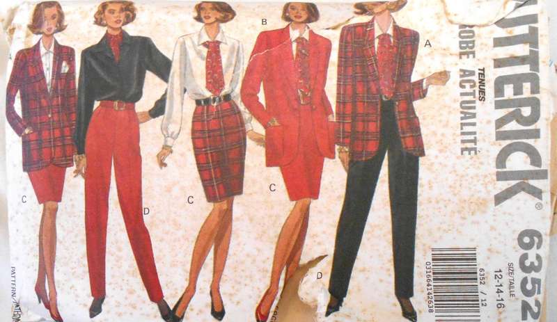 BUTTERICK 6352 JACKET-SKIRT-PBLOUSE-PANTS SIZE 12-14-16 COMPLETE-CUT TO 16