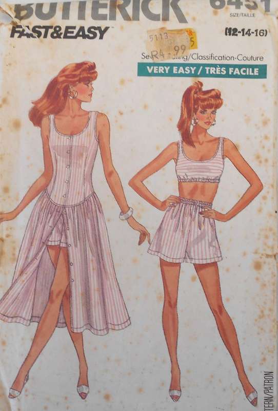 BUTTERICK 6451 DRESS-TOP-SHORTS SIZE 12-14-16 COMPLETE-UNCUT-F/FOLDED