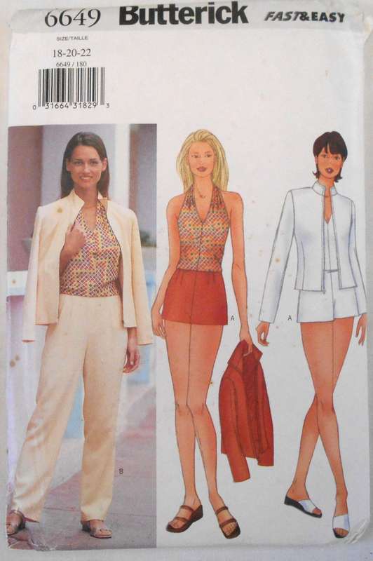 BUTTERICK 6649 JACKETS-TOP-SHORTS-PANTS SIZE 18-20-22 COMPLETE-UNCUT-F/FOLDED