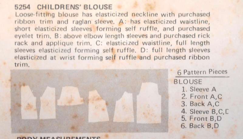 BUTTERICK 5254 KIDS BLOUSE SIZE MEDIUM (3-4 YEARS) COMPLETE-UNCUT-F/FOLDED