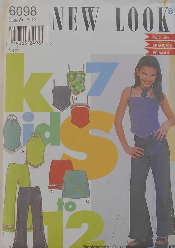 NEW LOOK PATTERNS 6098 GIRLS TOPS & BELL BOTTOM PANTS SIZE 7-12 YEARS COMPLETE UNCUT -F/FOLDED