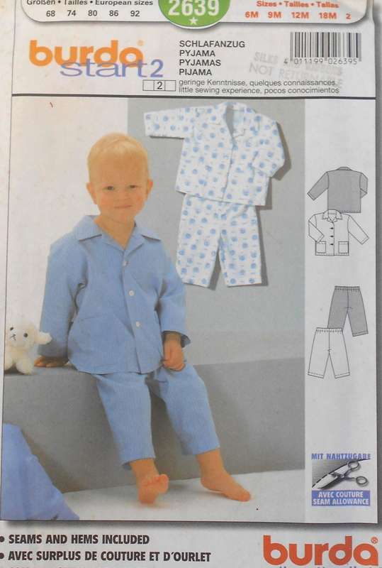 BURDA 2639 TODDLER PJS SIZE 6M-9M-12M-18M-2 YEARS COMPLETE-UNCUT-F/FOLDED
