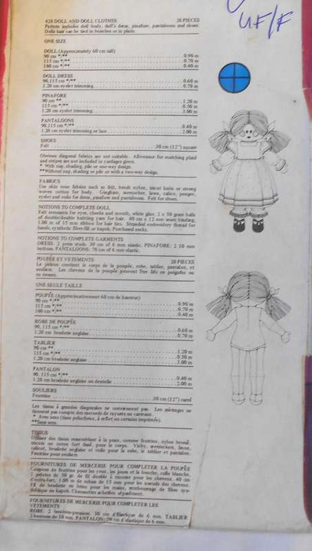 BUTTERICK 428 DOLL & DOLL COTHES SIZE 60 CM COMPLETE-UNCUT-F/FOLDED