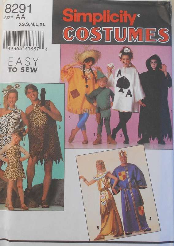 SIMPLICITY 8291 UNISEX COSTUMES IN ADULT SIZES SIZE XS-S-M-L-XL (30-48") COMPLETE-UNCUT-F/FOLDED
