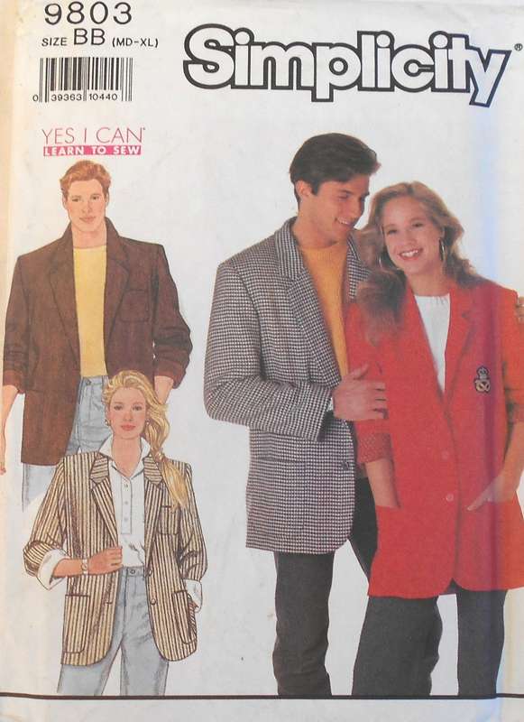 SIMPLICITY 9803 UNISEX LOOSE FITTING LINED JACKET SIZE 28-48" COMPLETE-UNCUT-F/FOLDED