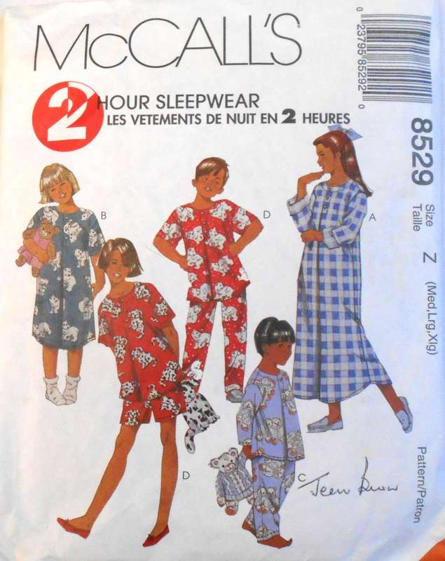 McCALLS 8529 KIDS SLEEPWEAR SIZE M-L-XL (7-14 YEARS) COMPLETE-CUT TO XL 12-14