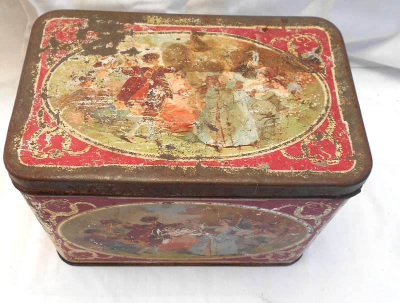 ANTIQUE 3LB MAZAWATTEE TEA TIN with INNER SEALABLE SECTION - ROMANTIC SCENE- MADE IN LONDON, ENGLAND