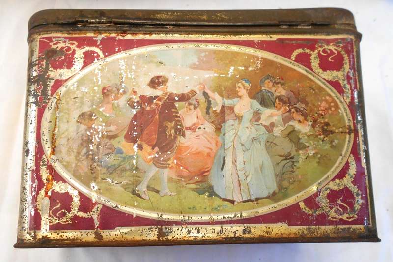 ANTIQUE 3LB MAZAWATTEE TEA TIN with INNER SEALABLE SECTION - ROMANTIC SCENE- MADE IN LONDON, ENGLAND