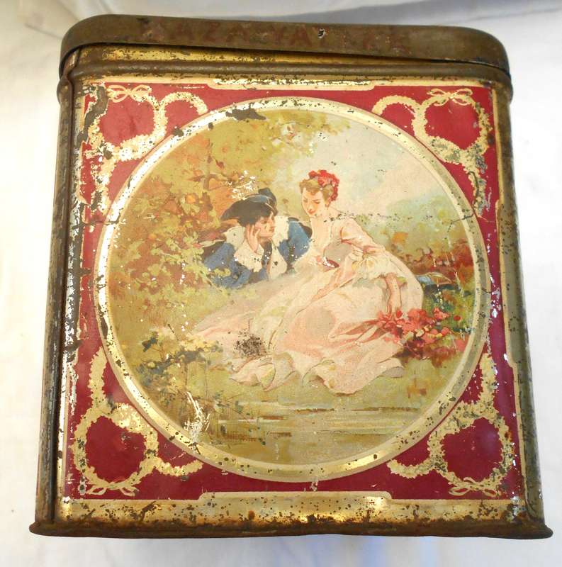 ANTIQUE 3LB MAZAWATTEE TEA TIN with INNER SEALABLE SECTION - ROMANTIC SCENE- MADE IN LONDON, ENGLAND