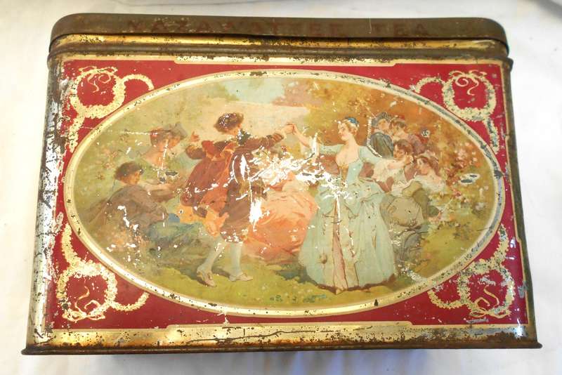 ANTIQUE 3LB MAZAWATTEE TEA TIN with INNER SEALABLE SECTION - ROMANTIC SCENE- MADE IN LONDON, ENGLAND