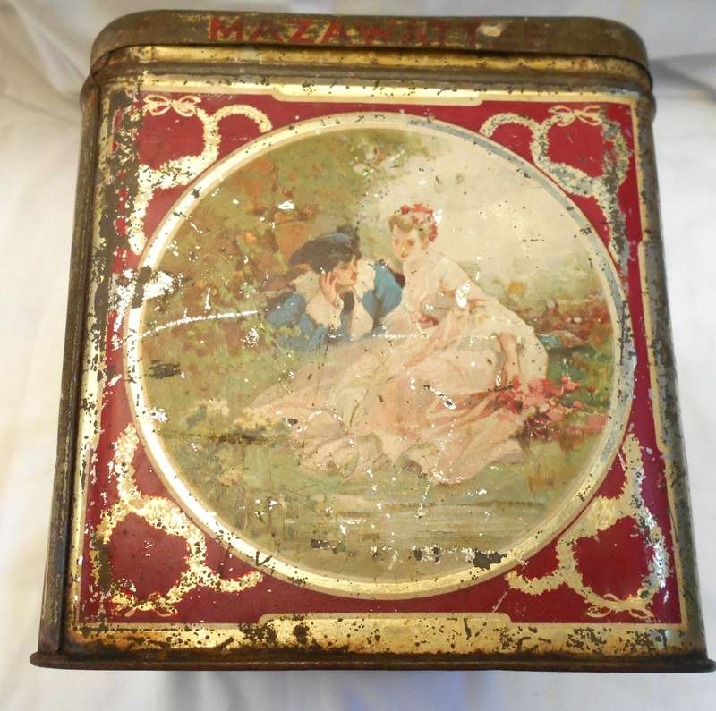 ANTIQUE 3LB MAZAWATTEE TEA TIN with INNER SEALABLE SECTION - ROMANTIC SCENE- MADE IN LONDON, ENGLAND