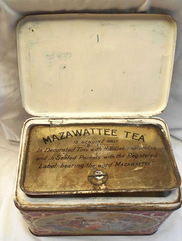 ANTIQUE 3LB MAZAWATTEE TEA TIN with INNER SEALABLE SECTION - ROMANTIC SCENE- MADE IN LONDON, ENGLAND