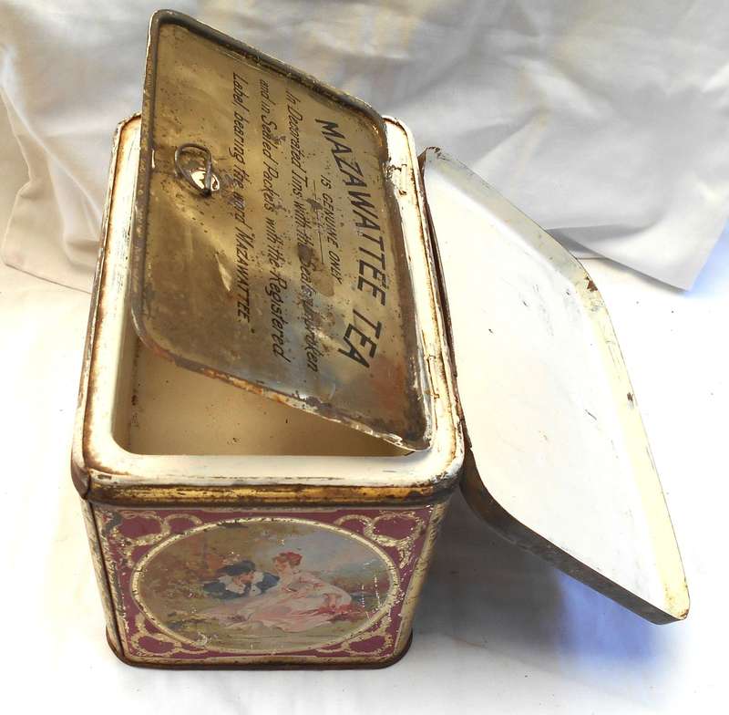 ANTIQUE 3LB MAZAWATTEE TEA TIN with INNER SEALABLE SECTION - ROMANTIC SCENE- MADE IN LONDON, ENGLAND
