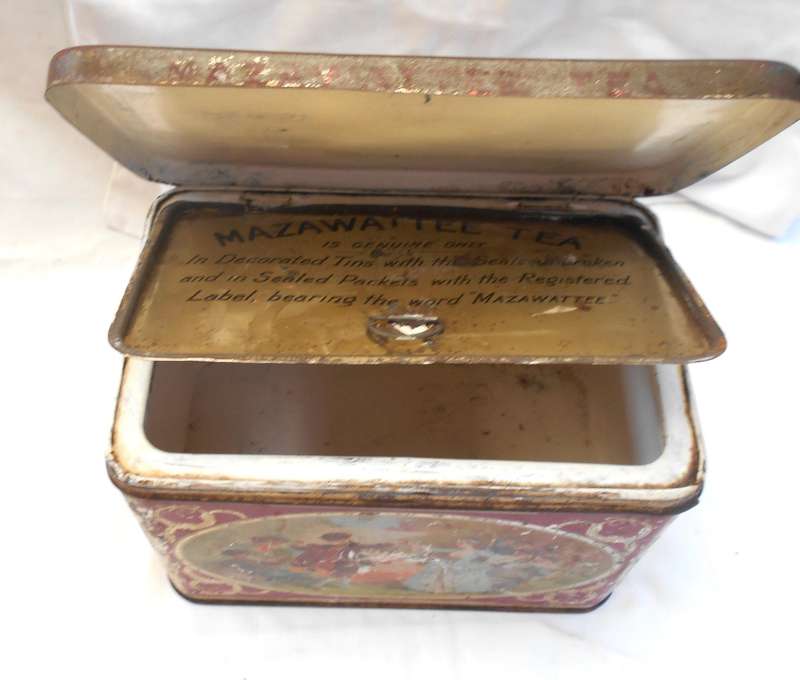 ANTIQUE 3LB MAZAWATTEE TEA TIN with INNER SEALABLE SECTION - ROMANTIC SCENE- MADE IN LONDON, ENGLAND