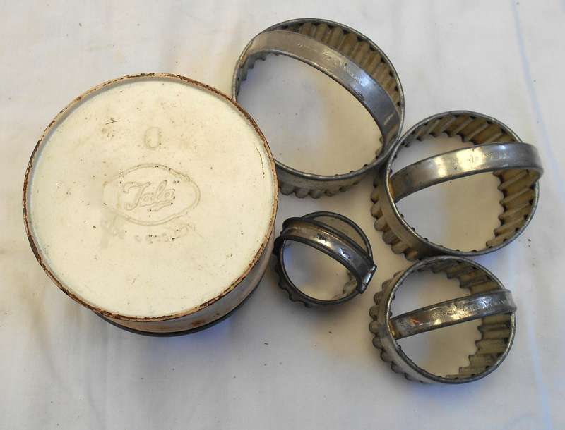 Full Set of stainless-steel Vintage 1930'S TALA PASTRY CUTTERS in original tin- MADE IN ENGLAND