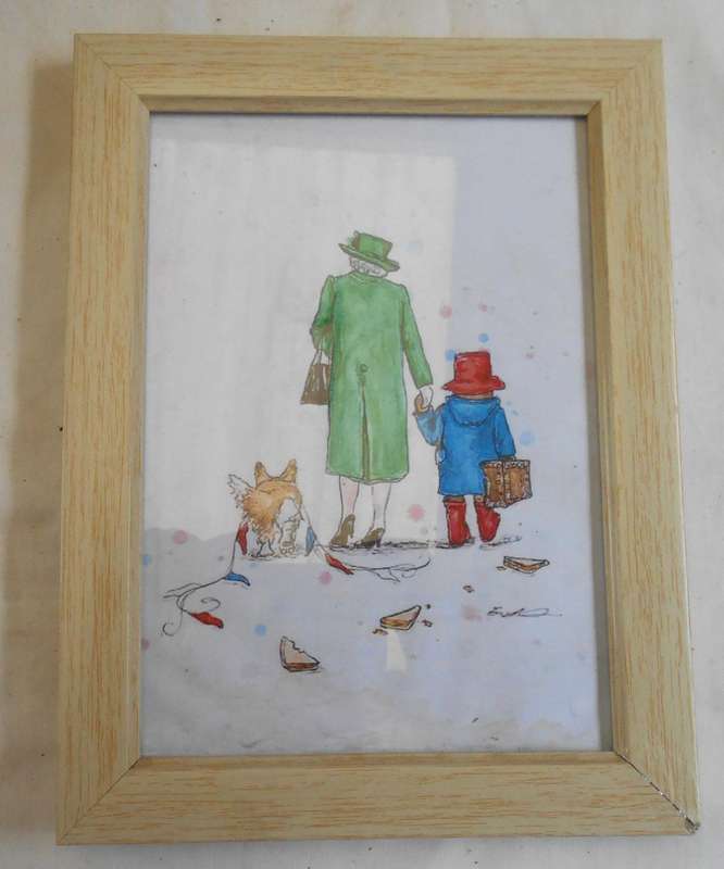 FRAMED COLOUR SKETCH OF QUEEN ELIZABRTH 11 WALKING WITH PADDINGTON BEAR AND CORGI 21 CM X 16 CM