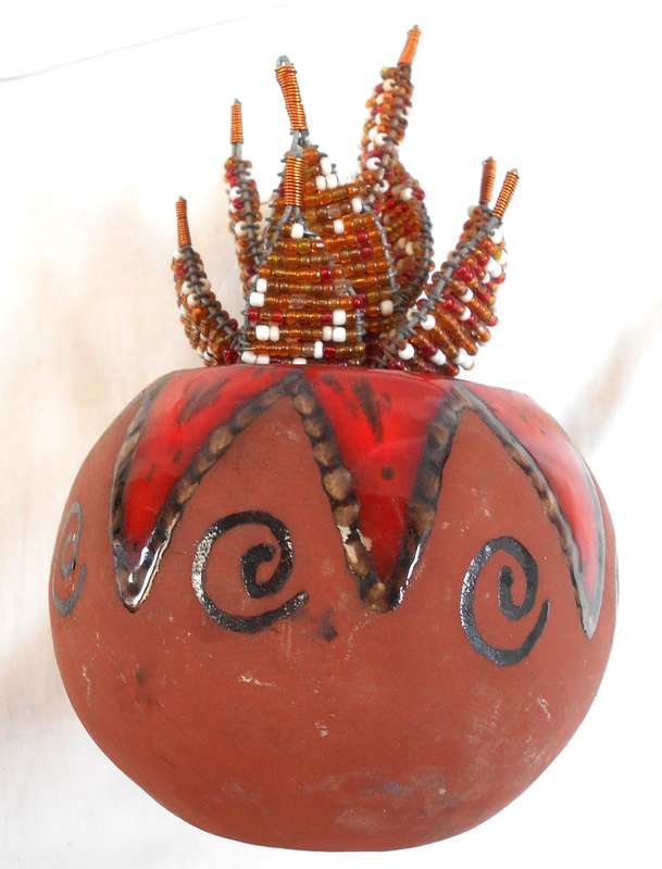 STUNNING BEADED FLOWERING ALOES IN DECORATED ROUND CLAY POT