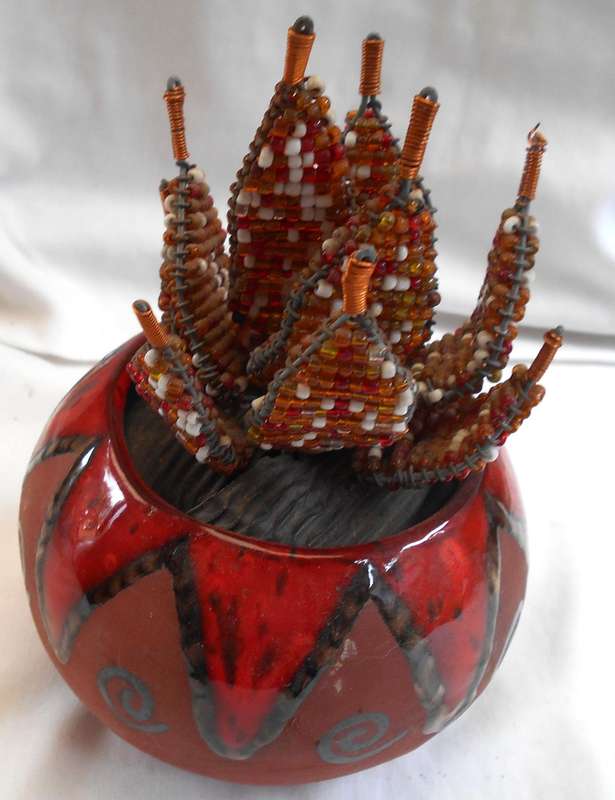 STUNNING BEADED FLOWERING ALOES IN DECORATED ROUND CLAY POT