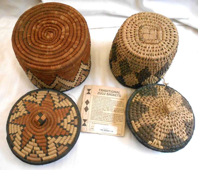 TWO TRADITIONAL WEAVE ZULU BASKETS WITH LABEL
