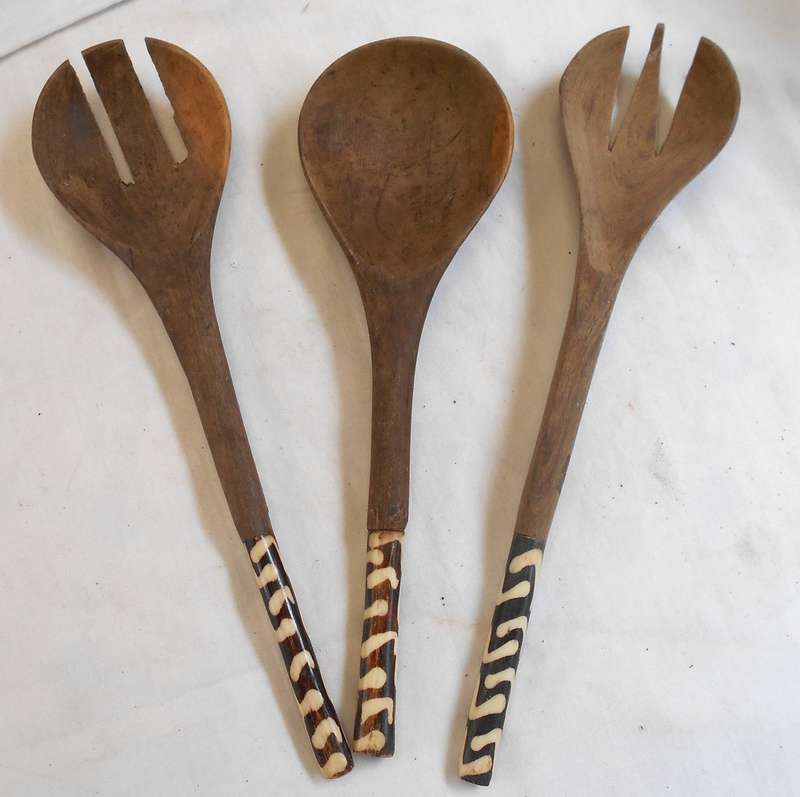 Wooden Carved Salad Servers with decorated handles
