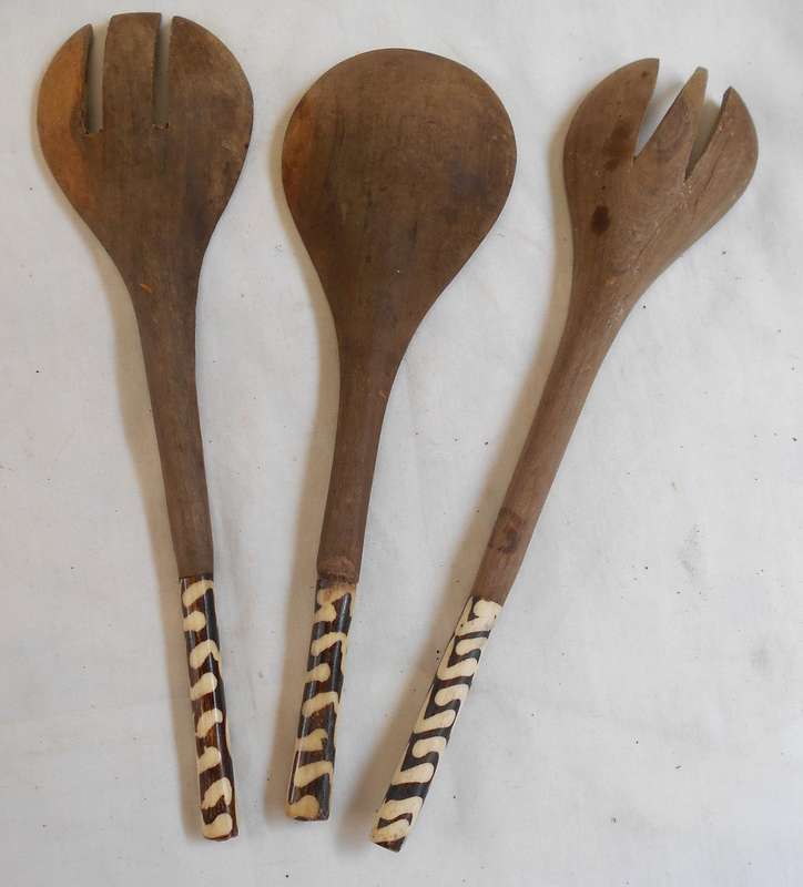 Wooden Carved Salad Servers with decorated handles