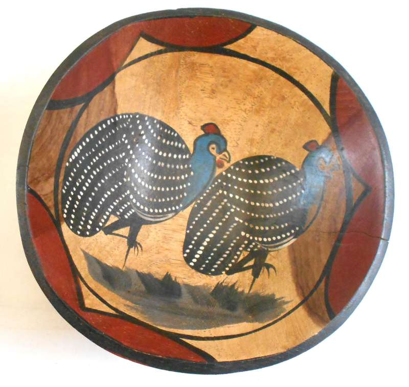 SMALL ROUND AFRICAN BOWL DECORATED WITH GUINEA FOWL & PATTERNED