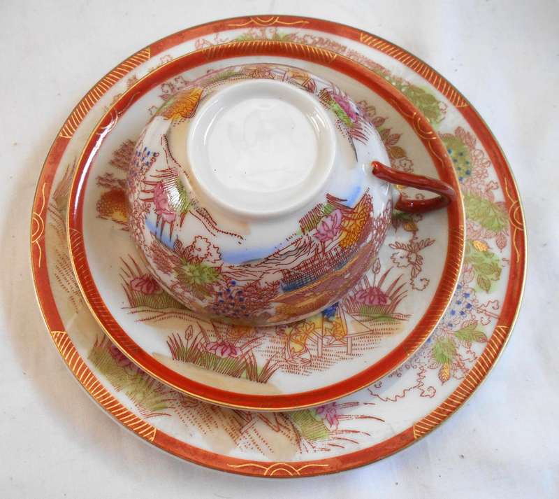 JAPANESE BONE CHINA GEISHA GIRL TRIO WITH GILT & GEISHA FACE LITHPANE INSIDE CUP WHEN HELD TO LIGHT