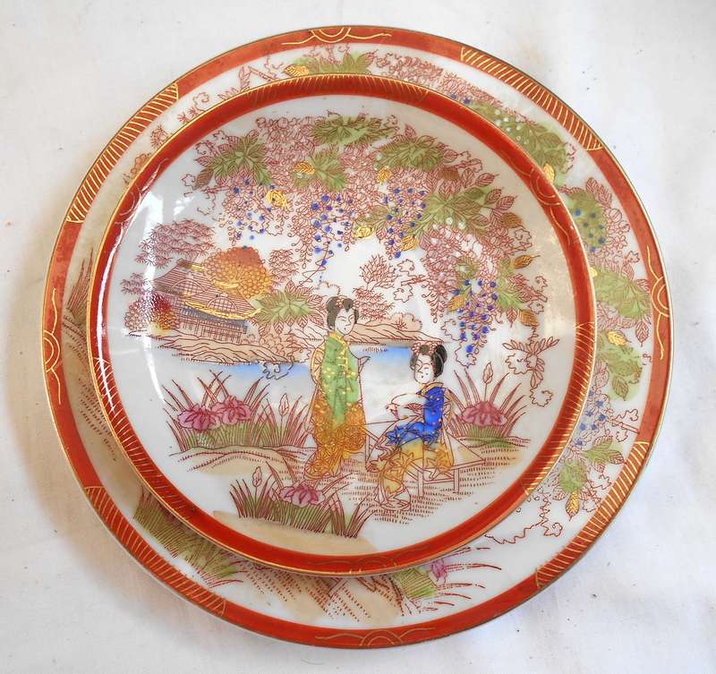 JAPANESE BONE CHINA GEISHA GIRL TRIO WITH GILT & GEISHA FACE LITHPANE INSIDE CUP WHEN HELD TO LIGHT