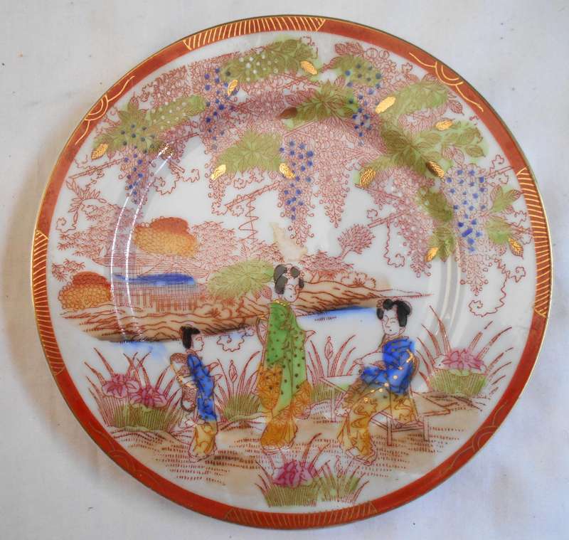 JAPANESE BONE CHINA GEISHA GIRL TRIO WITH GILT & GEISHA FACE LITHPANE INSIDE CUP WHEN HELD TO LIGHT