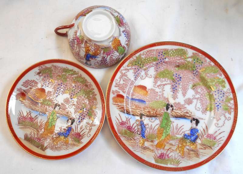 JAPANESE BONE CHINA GEISHA GIRL TRIO WITH GILT & GEISHA FACE LITHPANE INSIDE CUP WHEN HELD TO LIGHT