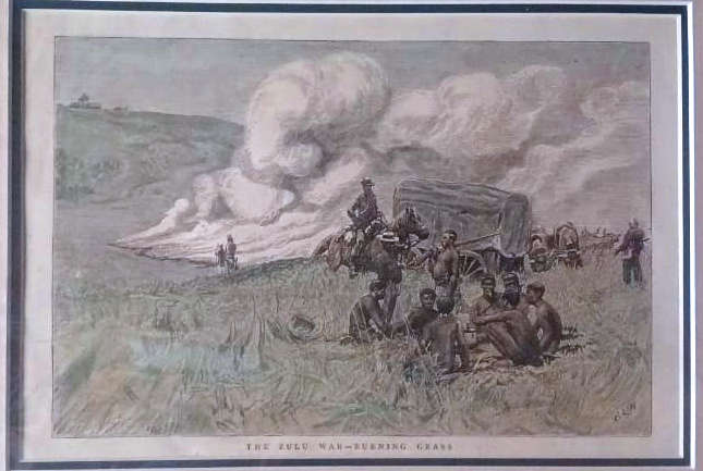 The Zulu War - Burning Grass (Hand Coloured Woodcut) 1879