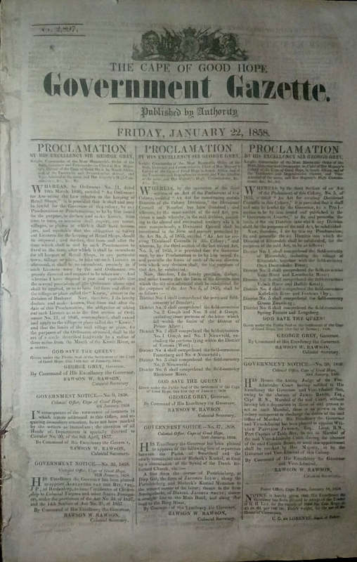 The Cape of Good Hope Government Gazette 1858 (Cape interest)