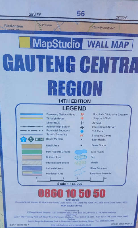 WALL MAP - GAUTENG CENTRAL REGION ( 148.5 cms X 107 cms )