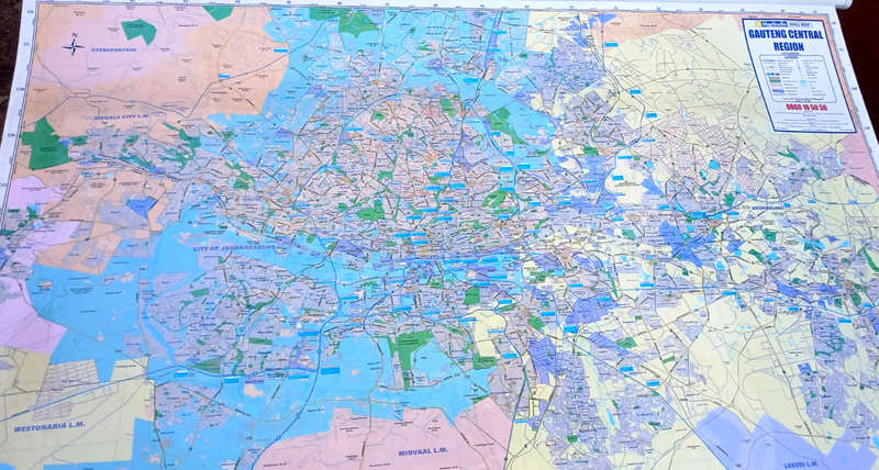 WALL MAP - GAUTENG CENTRAL REGION ( 148.5 cms X 107 cms )
