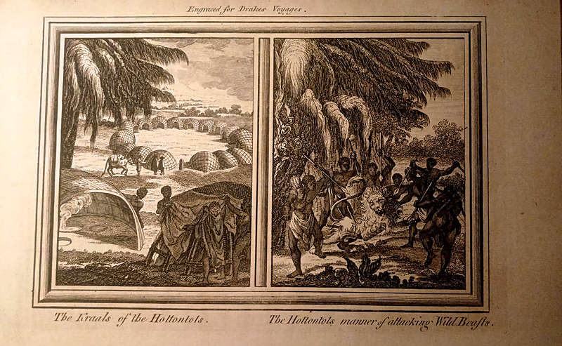 THE KRAALS OF THE HOTONTOTS ~ ATTACKING WILD BEASTS - ENGRAVING  (1770)