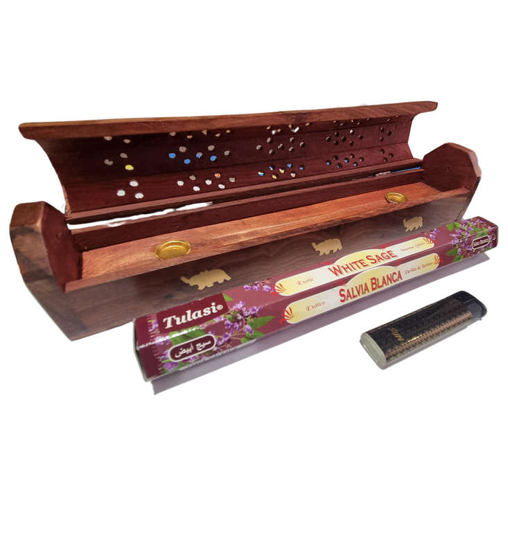 Wooden Incense Box Combo Starter Kit - White Sage (Elephant)