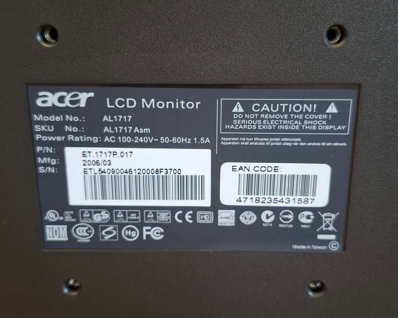 Acer AL1717 Monitor Including Power Adapter & VGA Cable